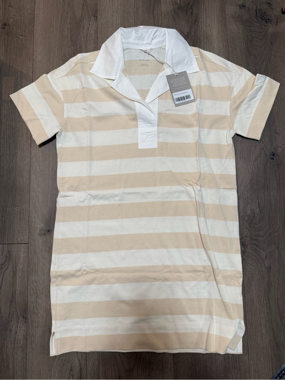 Everlane Organic Cotton Polo Dress Beige Stripe White Collar NWT S Mini